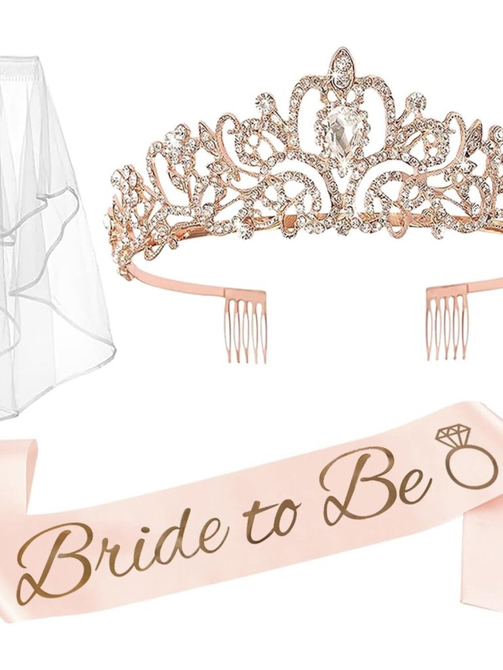 3 Pcs Bachelorette Party Decorations Bridal Shower Crown, Bride to Be Sash&Veil